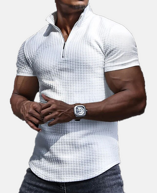 Casual Plain Lapel Collar Half Zipper Short Sleeve Waffle Shirt